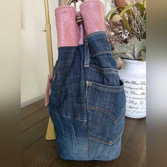 Vera Pelle Made In Italy Levi Strauss Jeans Boho Chic Bag With Pink Vegan Trim - Picture 5 of 11